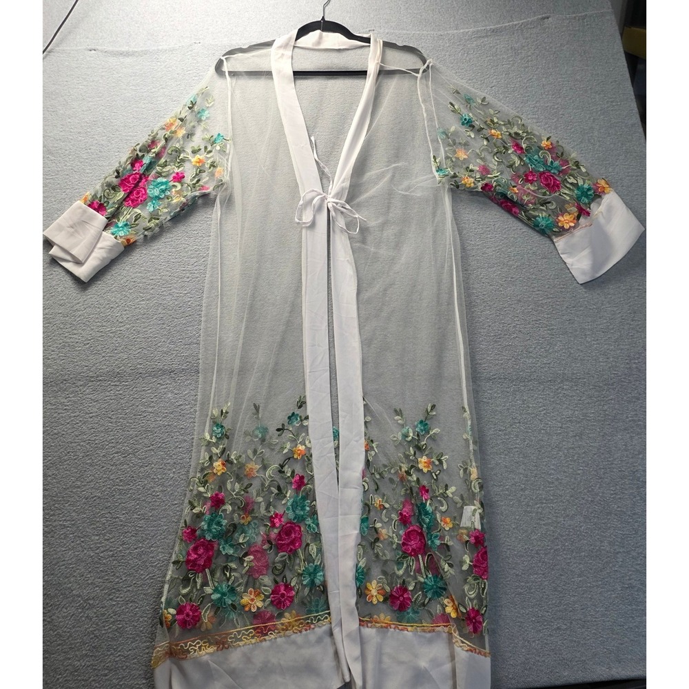 ASHA Sheer Mesh Floral Embroidered Duster Robe Kimono One Size Boho Romantic